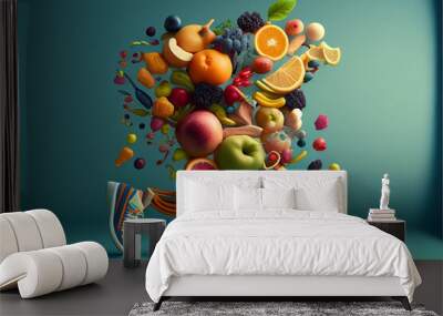 Running man made from fruit and vegetables. Concept on theme of healthy lifestyle. Wall mural