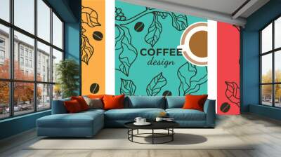 Set of color posters coffee design template banner poster card print packaging design Vector drawing coffee tree grains cup of coffee Vector file design elements. Wall mural