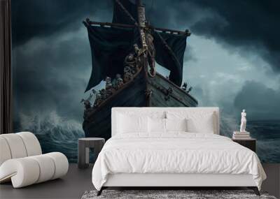 Ship with armed Vikings during sea storm. Wall mural