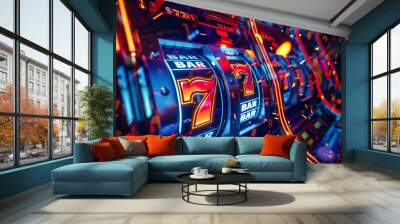 slots in the casino to play for money. slots with sevens close up, gambling theme Wall mural