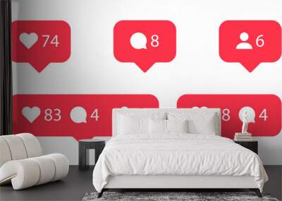 Social media notification flat icons set. Like, comment and follower buttons. Wall mural