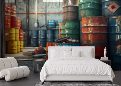 Stack of old chemical barrels.Blue Green and red oil, used colorful barrels in the hall
 Wall mural