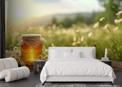 Summer background of a wooden table on which there is a jar of honey with elements of fresh spring flowers against the background of a field with blooming daisies and sunlight.Copy space text Wall mural