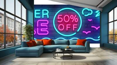 summer sale neon horizontal banner vector. advertising banner in modern trend design, neon style, br Wall mural