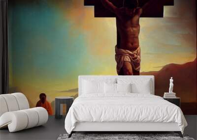 Symbol of Christianity. Cross, crucifix and people around. Wall mural