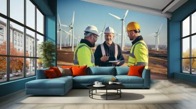 Technician discussing with engineers about wind turbine. Renewable energy from the wind. generative ai
 Wall mural