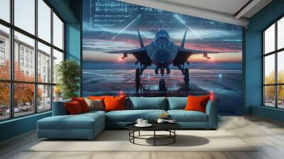 The concept of advanced aviation technology for the military and military fighters. Jet fighter standing front with a hologram around
 Wall mural