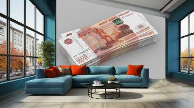 The stack of five-thousandths banknotes of rubles with a depth of field on a white background. 3d illustration. Wall mural