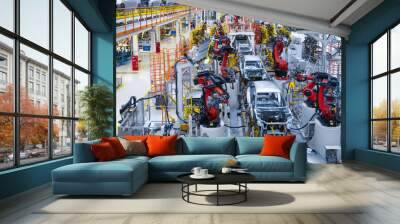 Automotive production line. Welding car body. Modern car Assembly plant Wall mural