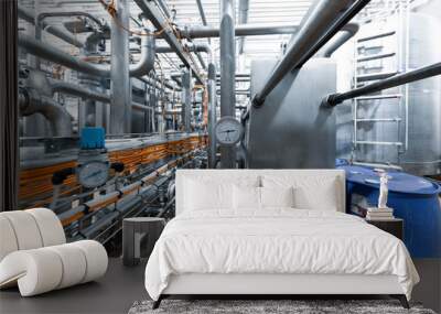 Chrome-plated pipes, pressure sensors, wires and devices. Industrial background Wall mural