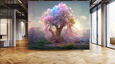 fantastic landscape with a fantasy tree of desires in pink-blue colors Wall mural