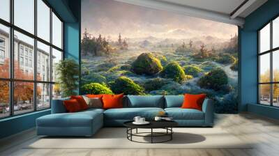 landscape of fabulous mystical swamp with fog at sunset Wall mural