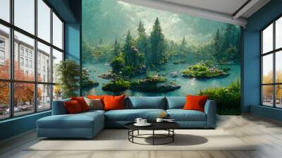 landscape of forest lake in fantasy style with emerald water Wall mural