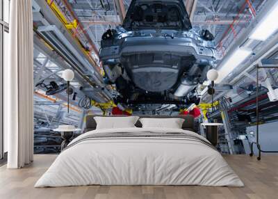 Movement of vehicles along the production line at the plant. Car Assembly shop. Car Assembly by parts Wall mural