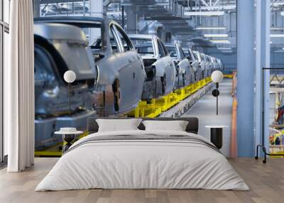 Movement of vehicles along the production line at the plant. Car Assembly shop. Car Assembly by parts Wall mural