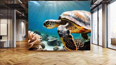 Turtle on the background of a coral reef. Wall mural