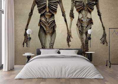 Two skeletons hold hands. They have friendship or love. Wall mural