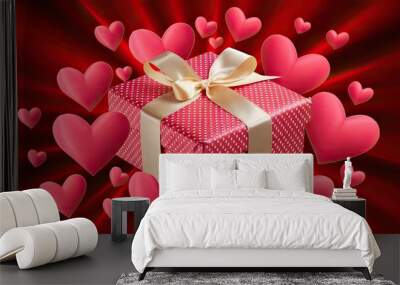 Valentine's day gift. Banner design with present box and hearts on red background Wall mural