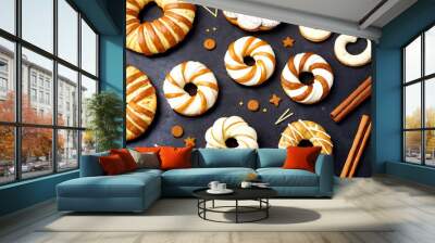 Various pastries on the table, top view. Wall mural