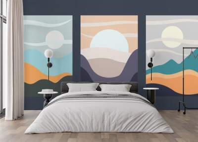 Vector drawing of autumn in the mountains. Banner template, mountains, sun, nature. Design element. Wall mural