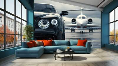 View of black luxury limousine car with private white jet in the background at the airport, private luxury escort
 Wall mural