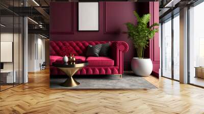 Viva magenta is a striking and on-trend color in the luxury living lounge, with a painted mockup wall featuring a rich and bold crimson red burgundy hue. The blank, modern room design boasts a sleek a Wall mural