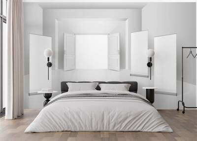 The interior of an empty room with a white banner and an open door.
Free space for copying, 3d vector image. Wall mural