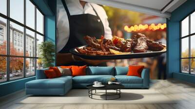 Waiter or chef holding a tray with grilled meat or fried ribs on a beautiful background. generative ai
 Wall mural