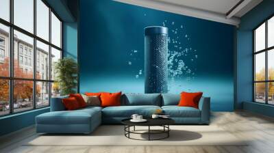 Water filter with water splashes on blue background. Wall mural