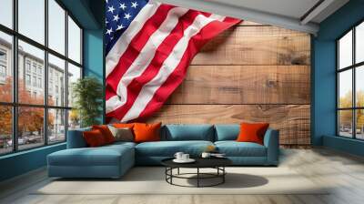 Wooden blank space made of boards with the flag of the United States next to it. Place for product, text or inscriptions, top view
 Wall mural