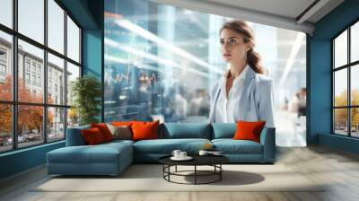 Young business woman wearing classic outfit walking down the corridor of office building with large glass windows and trading chart background, stock price theme.generative ai
 Wall mural