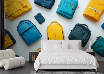 lay out of colorful backpacks for travel or school Wall mural