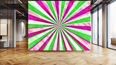 Pop art comic book or cartoon halftone strip cover in glitch wind effect and vintage polka dots retro design in hot pink and green. Futuristic rays explosion isolated retro super hero style radial	
 Wall mural