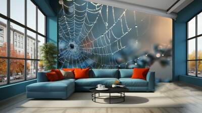 spider web with dew drops all over it in the morning Wall mural