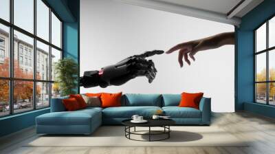 Silhouette of female hand touching the hand of a robot against white background  Wall mural