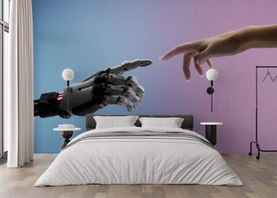 Silhouette of female hand touching the hand of a robot on a colorful background  Wall mural