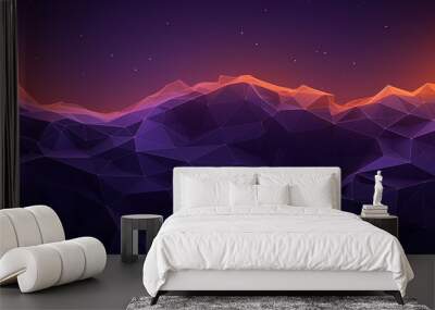 Polygonal abstract futuristic background. Lowpoly  structure. Virtual landscape with neon illuminated grid, pyramids, triangular slices in the distance. Geometric purple 3d technology concept. Wall mural