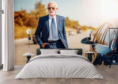 Young businessman travel with car Wall mural