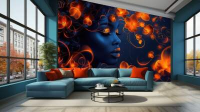 Beauty black skin woman face portrait with blue lighting and orange tropical flowers on dark blue background Wall mural