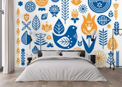 collection of blue and orange ethnic elements. the nordic spring set for design. Wall mural