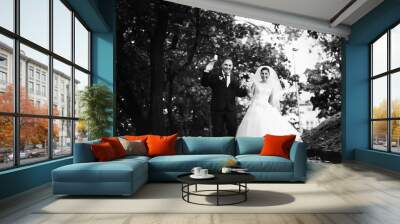 Beautiful couple of happy newlyweds on a walk in the sunny autumn park on their wedding day Wall mural