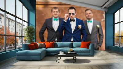 happy stylish elegant groom with bestman the background of old c Wall mural