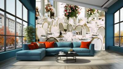 Luxury white restaurant is prepared for the wedding Wall mural