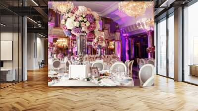 Table number 5 decorated with pink and violet hydrangeas and ser Wall mural