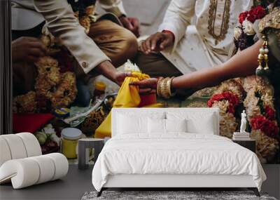 Traditional indian wedding ritual, marriage concept, wedding ceremony with spices and gifts Wall mural