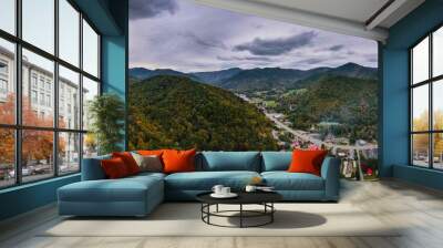 Aerial panorama of cloudy evening over Maggie Valley, North Carolina, USA Wall mural