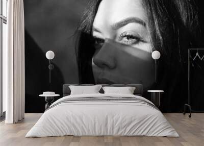 Beautiful woman in black till, black and white photography Wall mural