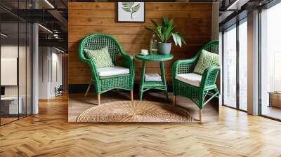 green wicker chair and table Wall mural