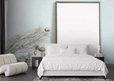 mockup for pictures and arts, blank frame on the table with white candles and dry flowers Wall mural