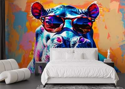 Colorful pop art hippopotamus with sunglasses Wall mural